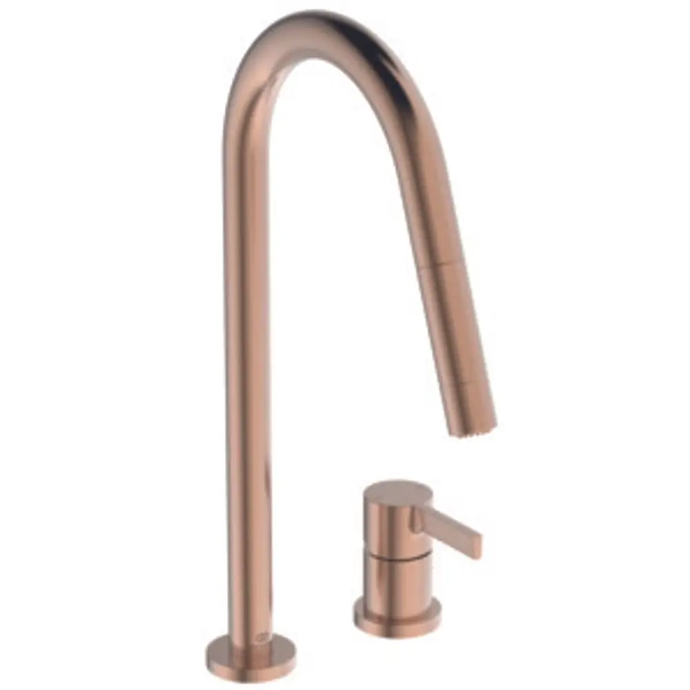 Küchenarmatur von Ideal Standard in rosegold mit einem hohen, gebogenen Auslauf und einer separaten Bedienung. Ideal für moderne Küchen.